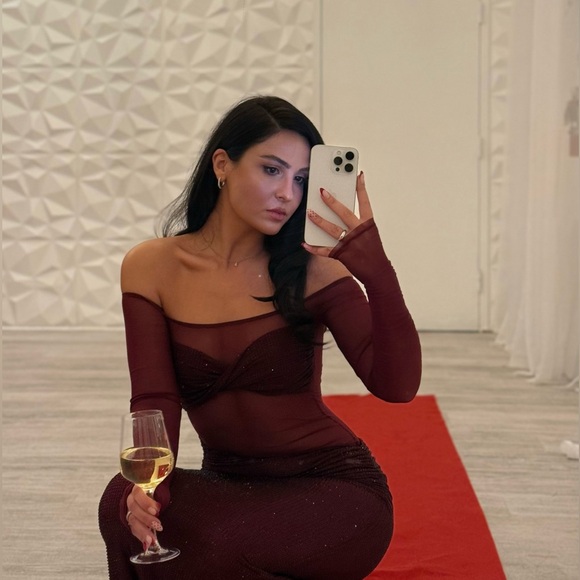 Meshki Burgundy Off-Shoulder Maxi Dress sparkly - Picture 2 of 6